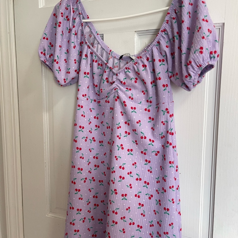 Cherry Print Puff Sleeve Mini Dress Purple Size Small Cottagecore Y2K